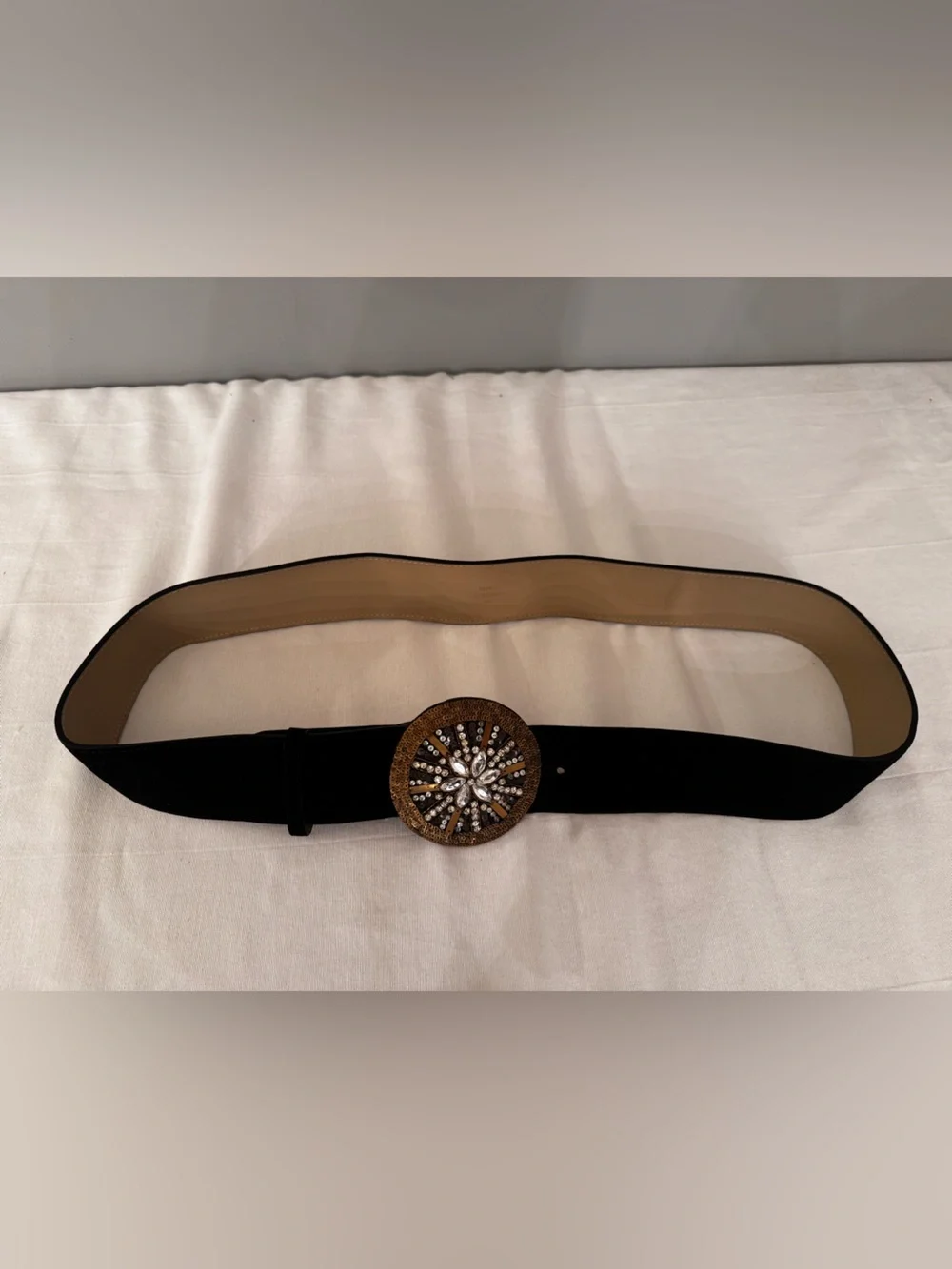 Black Suede/ Leather Belt with Ornate Gold & Crystal Buckle Size 2X
